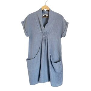 Karim Linen Blue Pocket V-neck Boho Lagenlook Casual Tunic Dress One Size